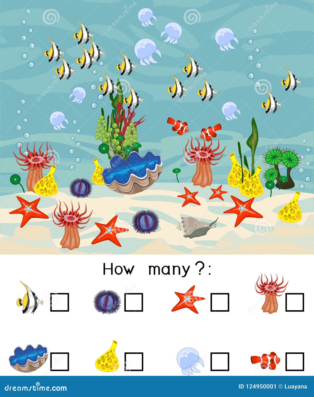 how many different underwater marine animals. counting educational game with different sea animals for kids