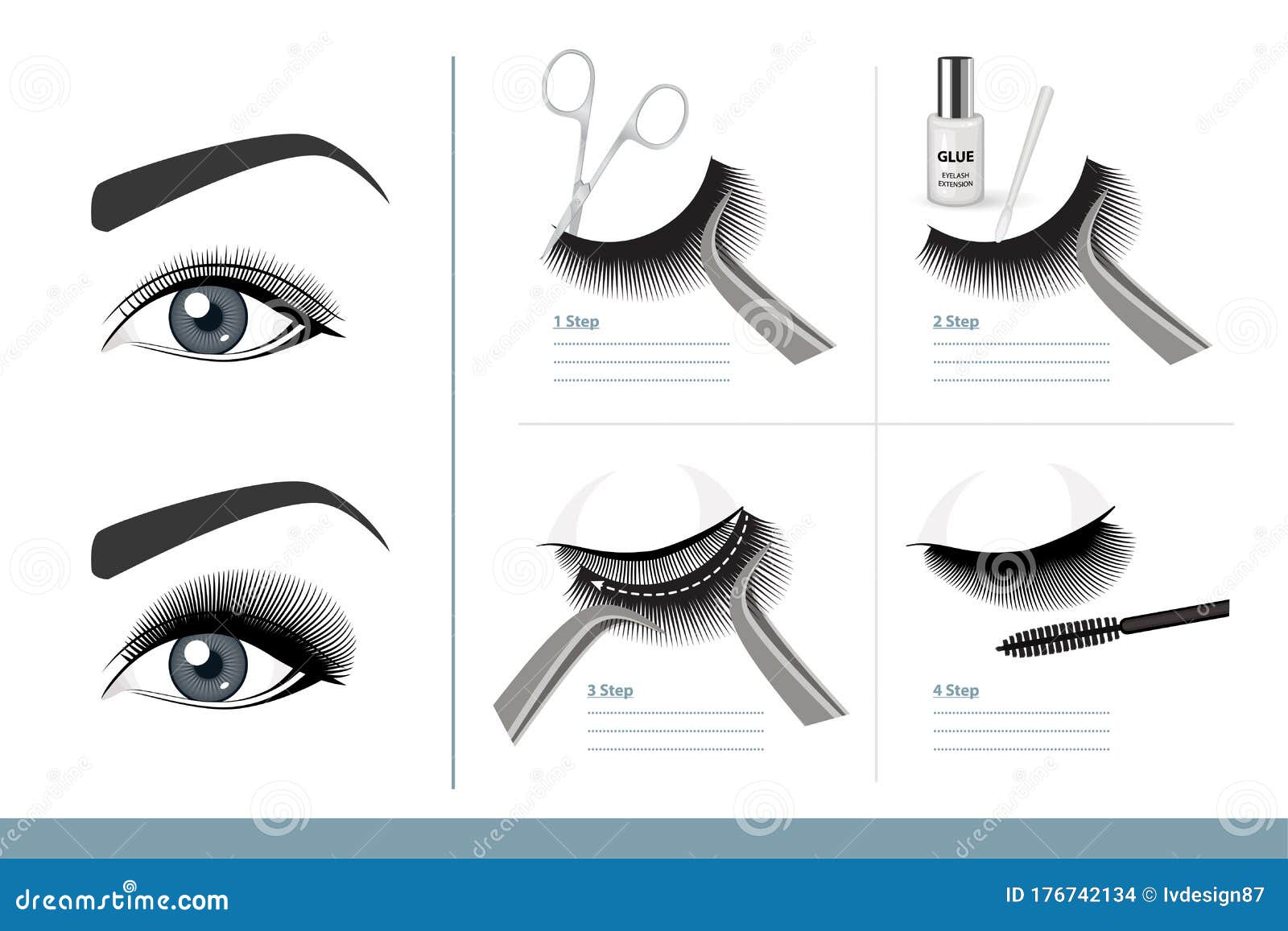 how to apply false eyelashes step by step properly. full tutorial on application. guide. infographic 