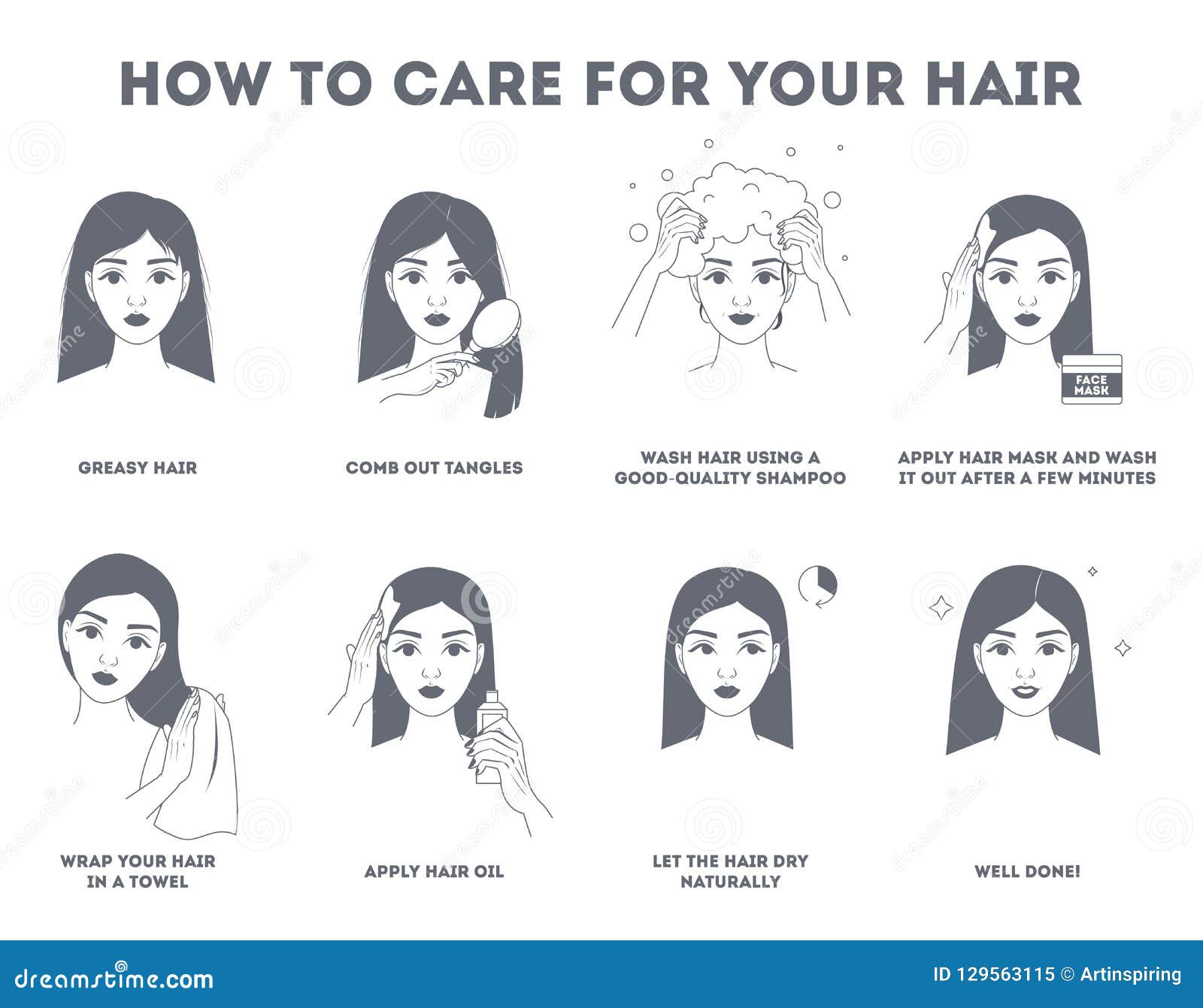 How To Care for Your Hair Instruction. Stock Vector - Illustration of female, happy: 129563115 How To Care for Your Hair Instruction. Stock Vector - Illustration of female, happy: 129563115