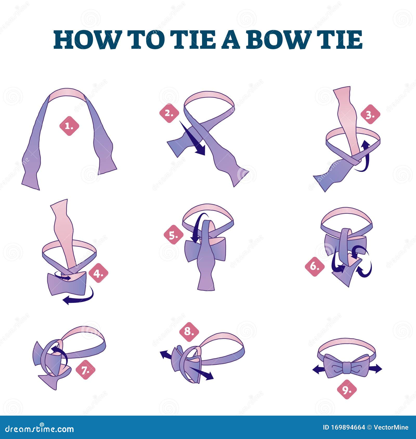 How To Tie a Bow Tie Explanation Steps, Illustrated Scheme Stock Vector