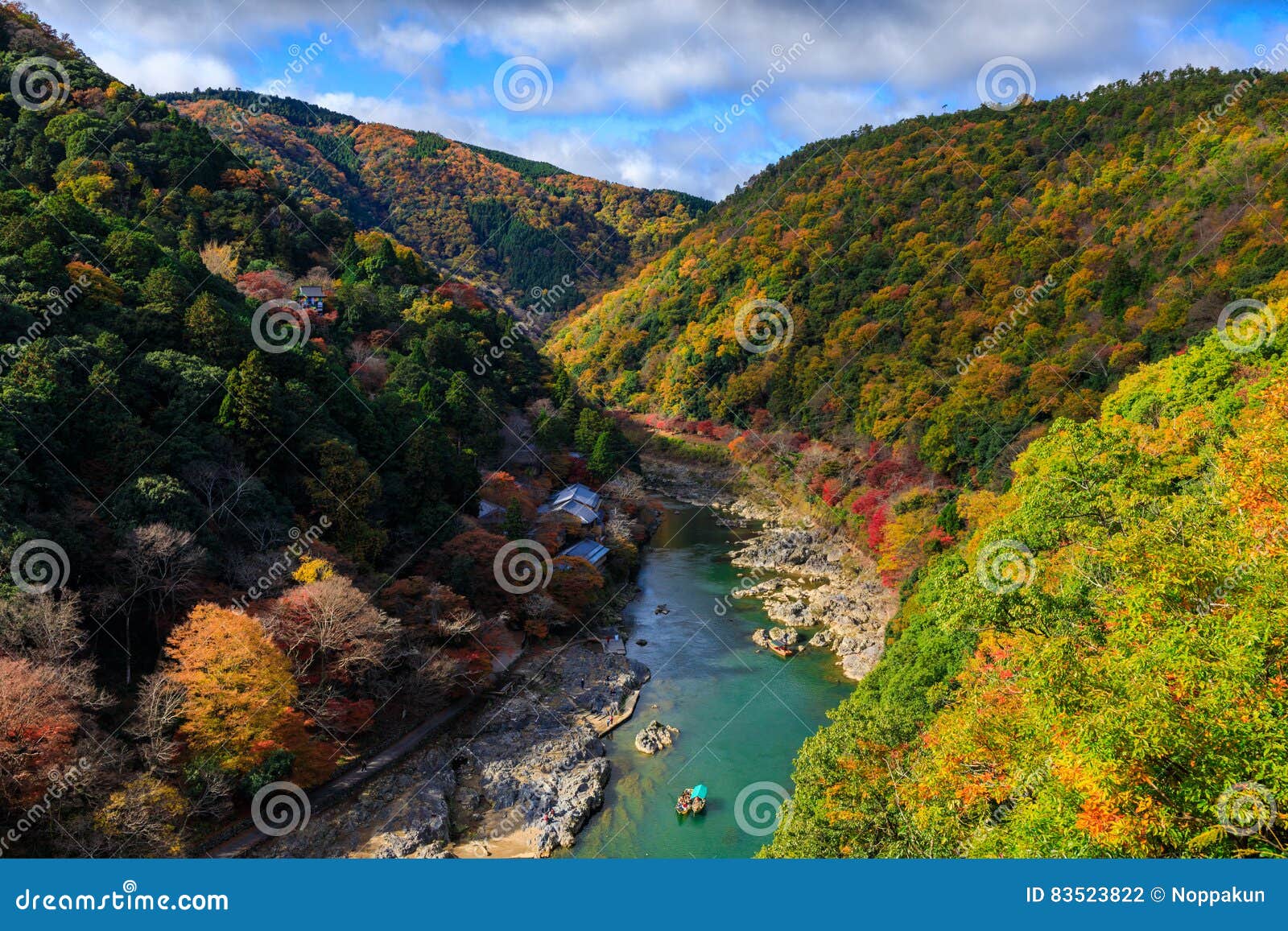 hozu river in autumn view from arashiyama view point, kyoto,