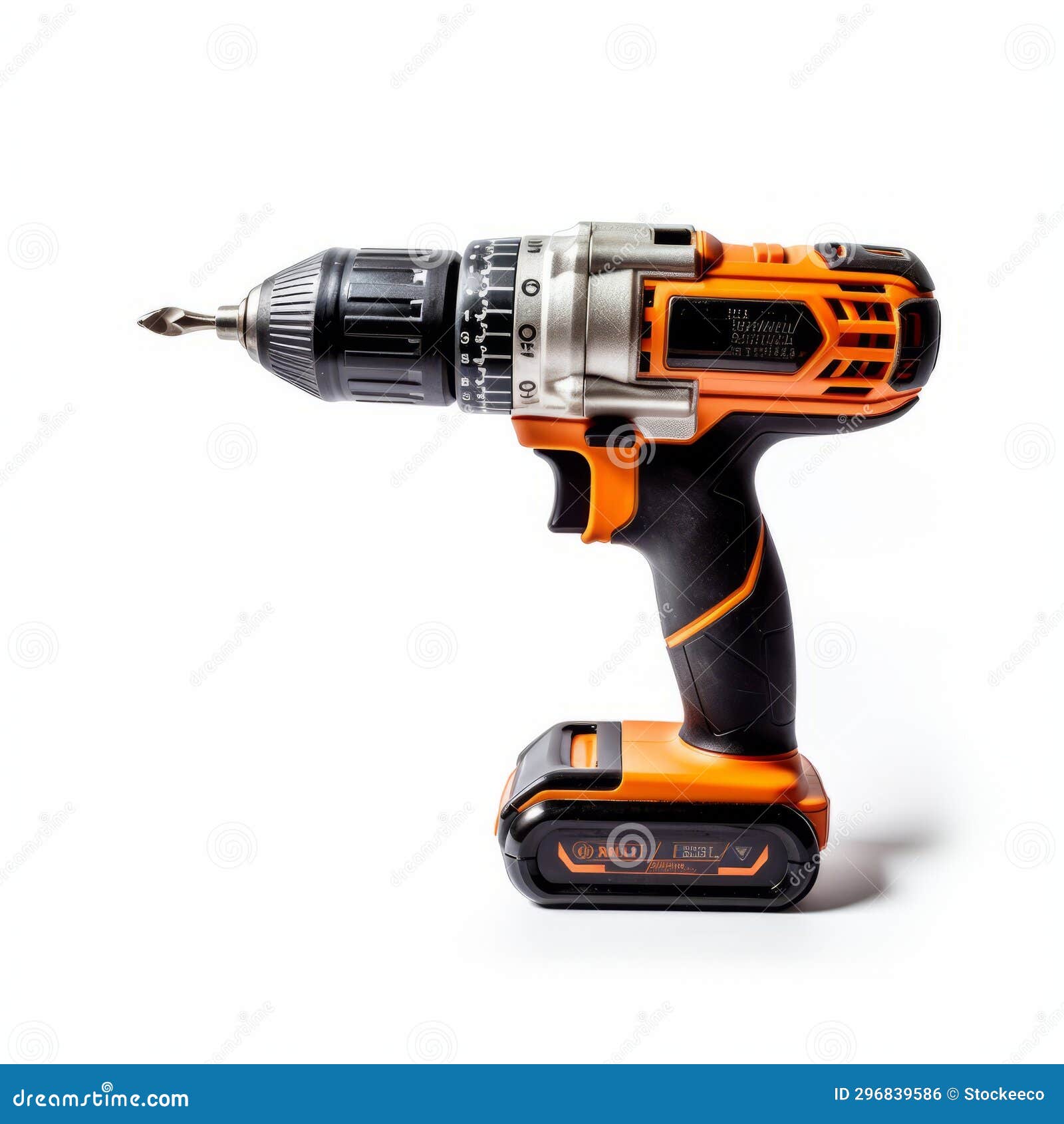 contrasting balance orange plastic cordless drill on white background