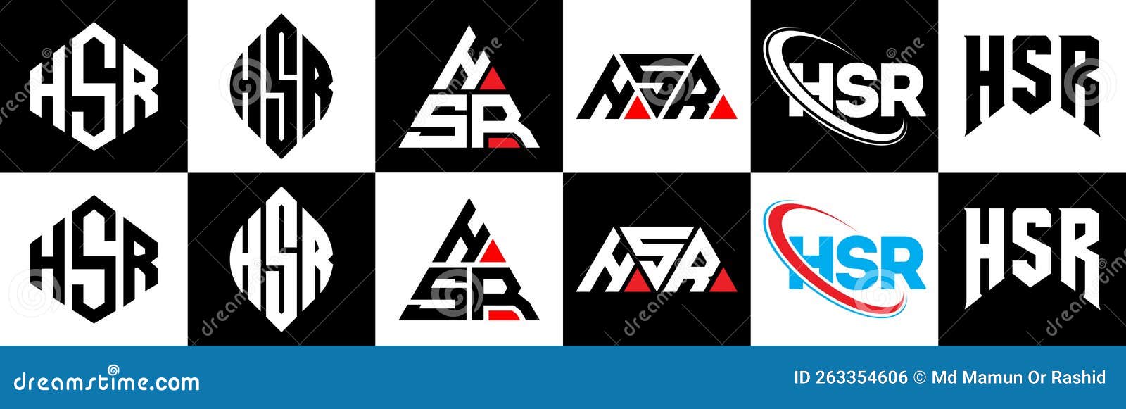 hsr letter logo  in six style. hsr polygon, circle, triangle, hexagon, flat and simple style with black and white color