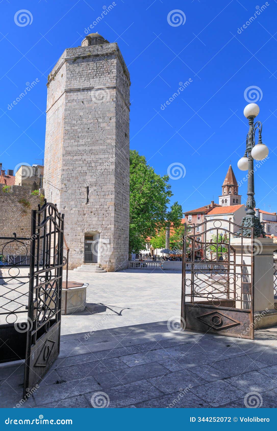 hstoric district of zadar in croatia. view of five wells square with captainâs tower.
