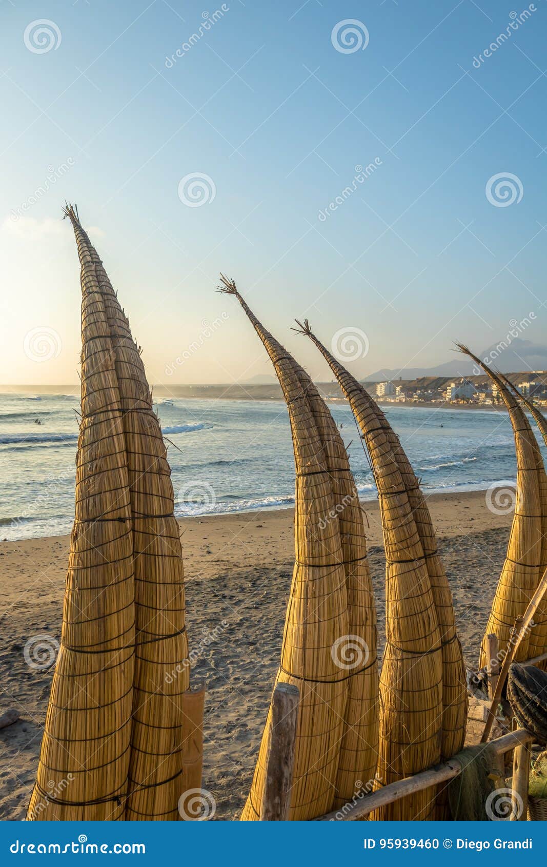 huanchaco beach and the traditional reed boats & x28;caballitos de totora& x29; - trujillo, peru