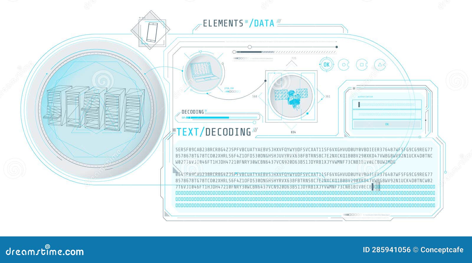 HUD Interface for Processing Server Data with Text Decoding. Stock