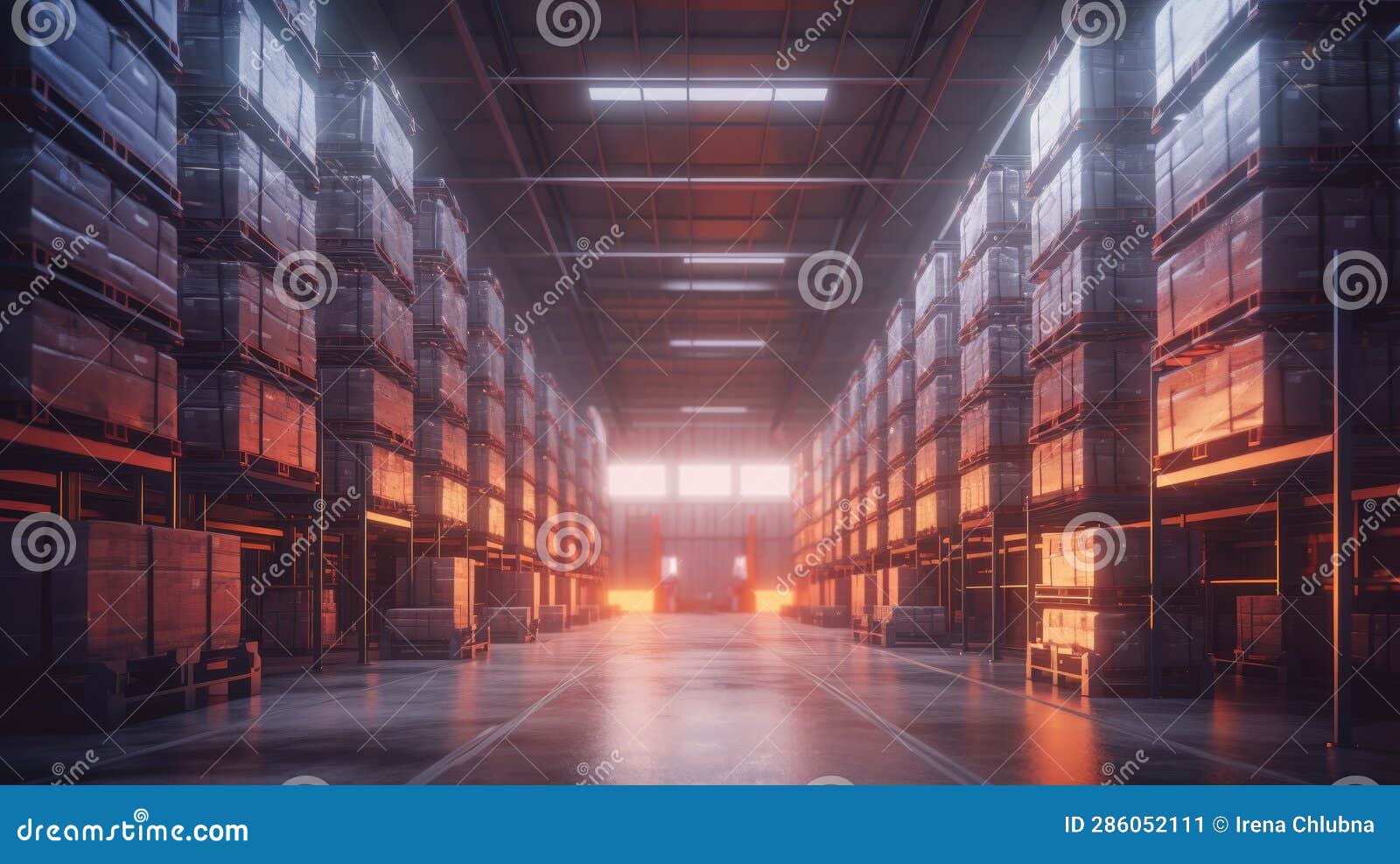 Huge Distribution Warehouse with High Shelves and Loaders. Generative