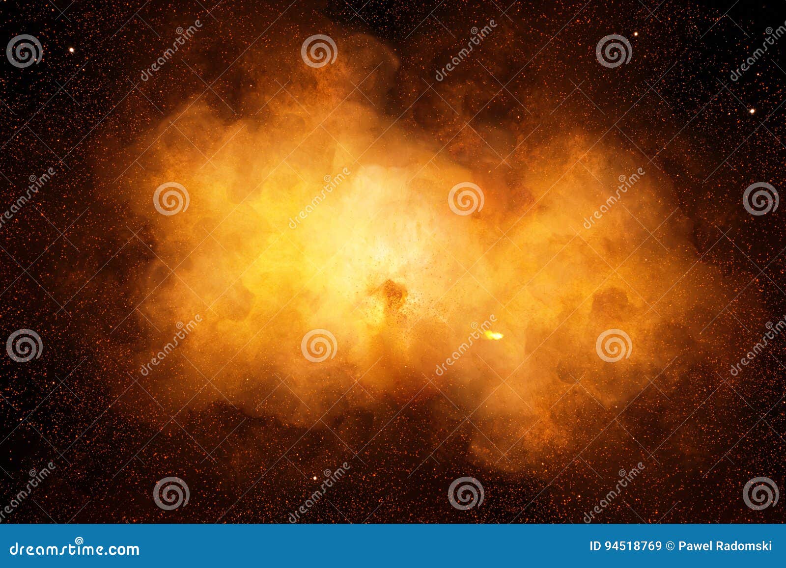 huge, extremely hot explosion with sparks and hot smoke, against black background