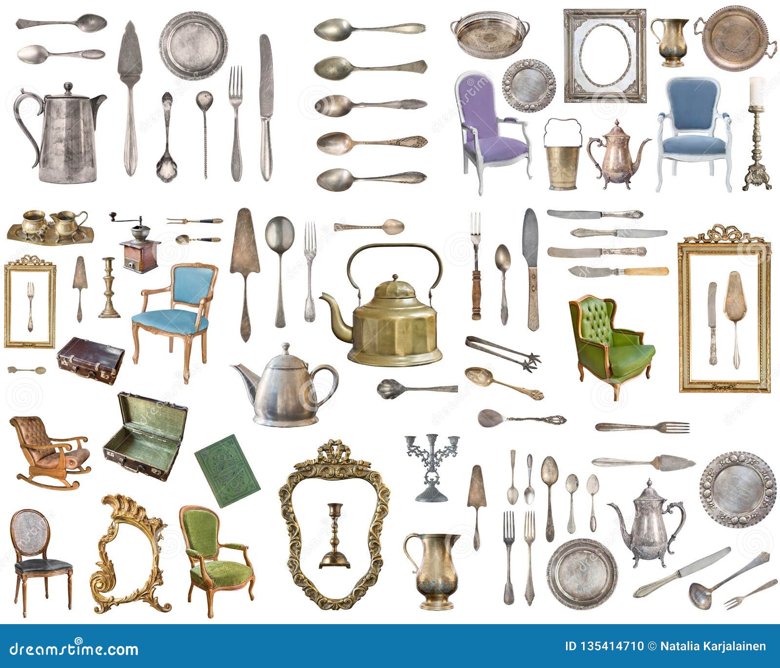 huge set of antique items.vintage household items, silverware, furniture and more.  on white background