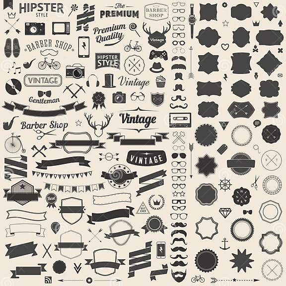 Huge Set of Vintage Styled Design Hipster Icons. Vector Signs and ...