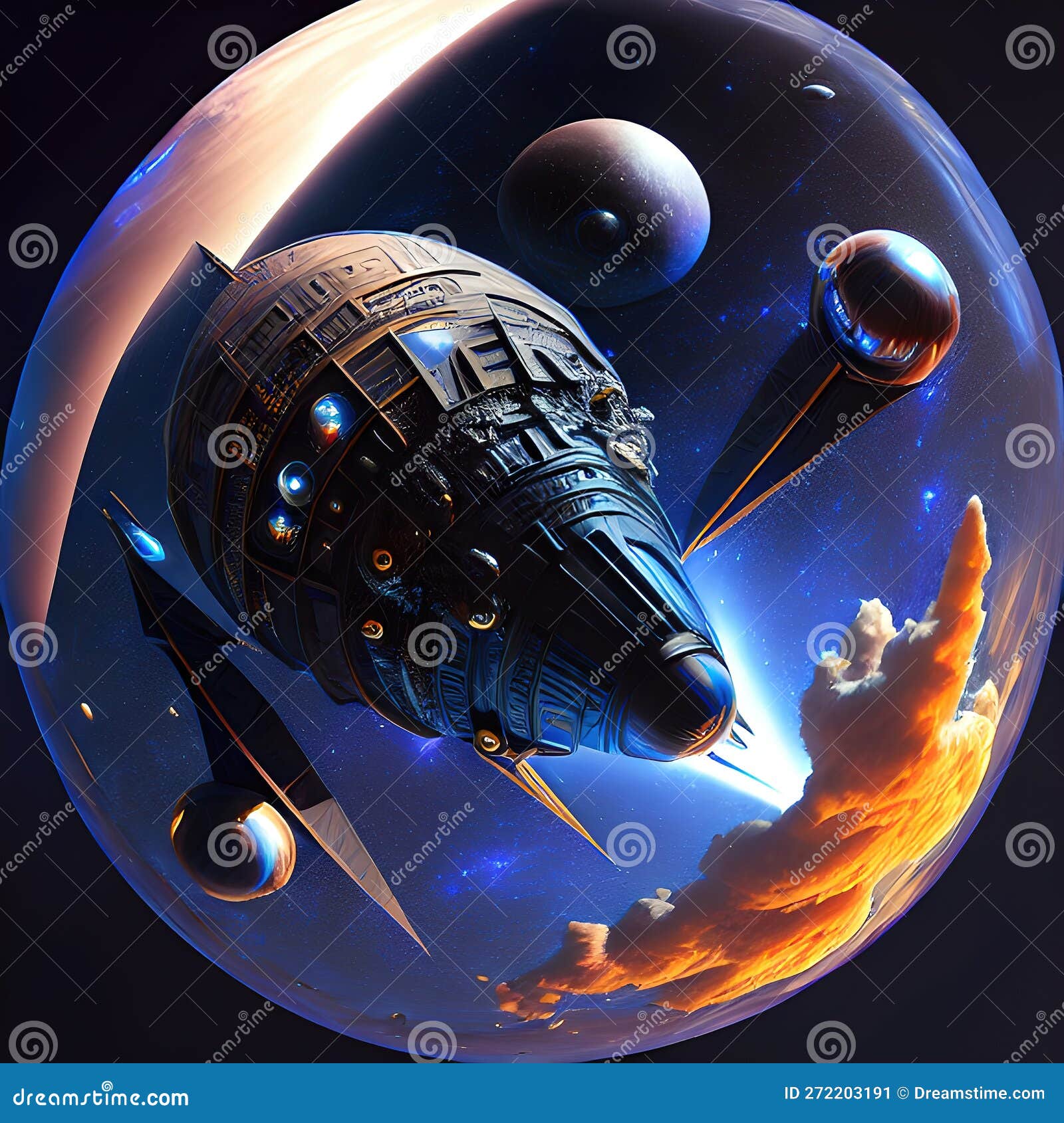 A Huge Starship Flying in the Space, Made of Black and Dark Blue Stock