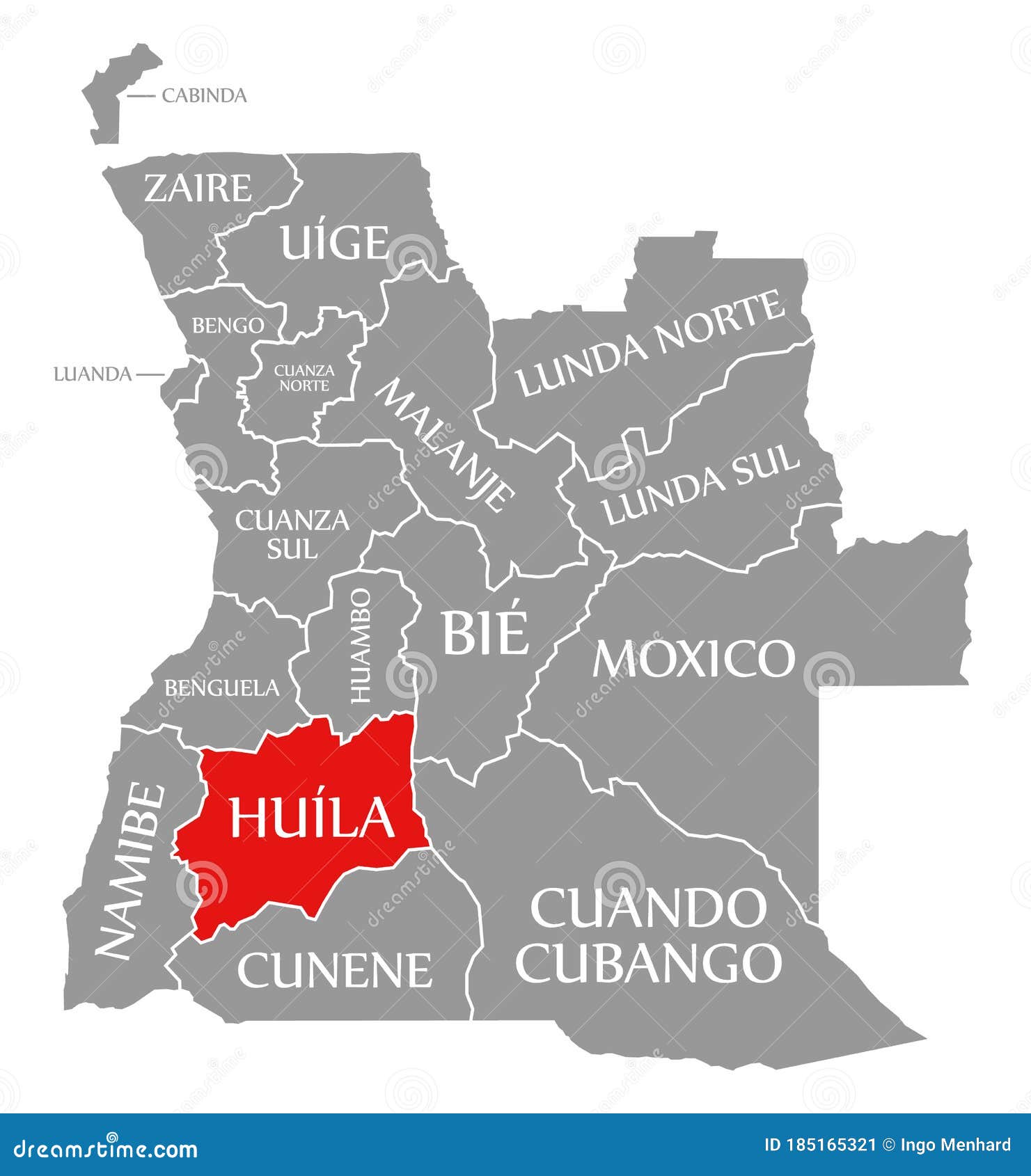 huila red highlighted in map of angola