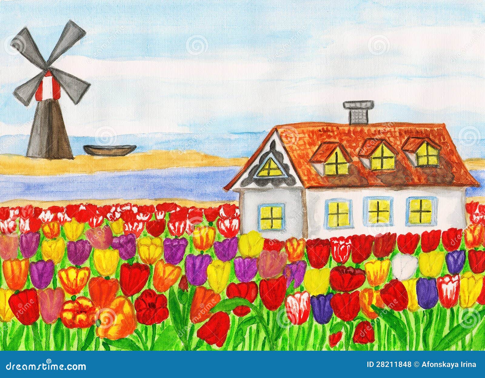 Huis met tulpen (Huis in Holland), het schilderen. De Huizen van de reeks van de wereld, Huis in Holland (Huis met tulpen), hand geschilderd beeld, watercolours.