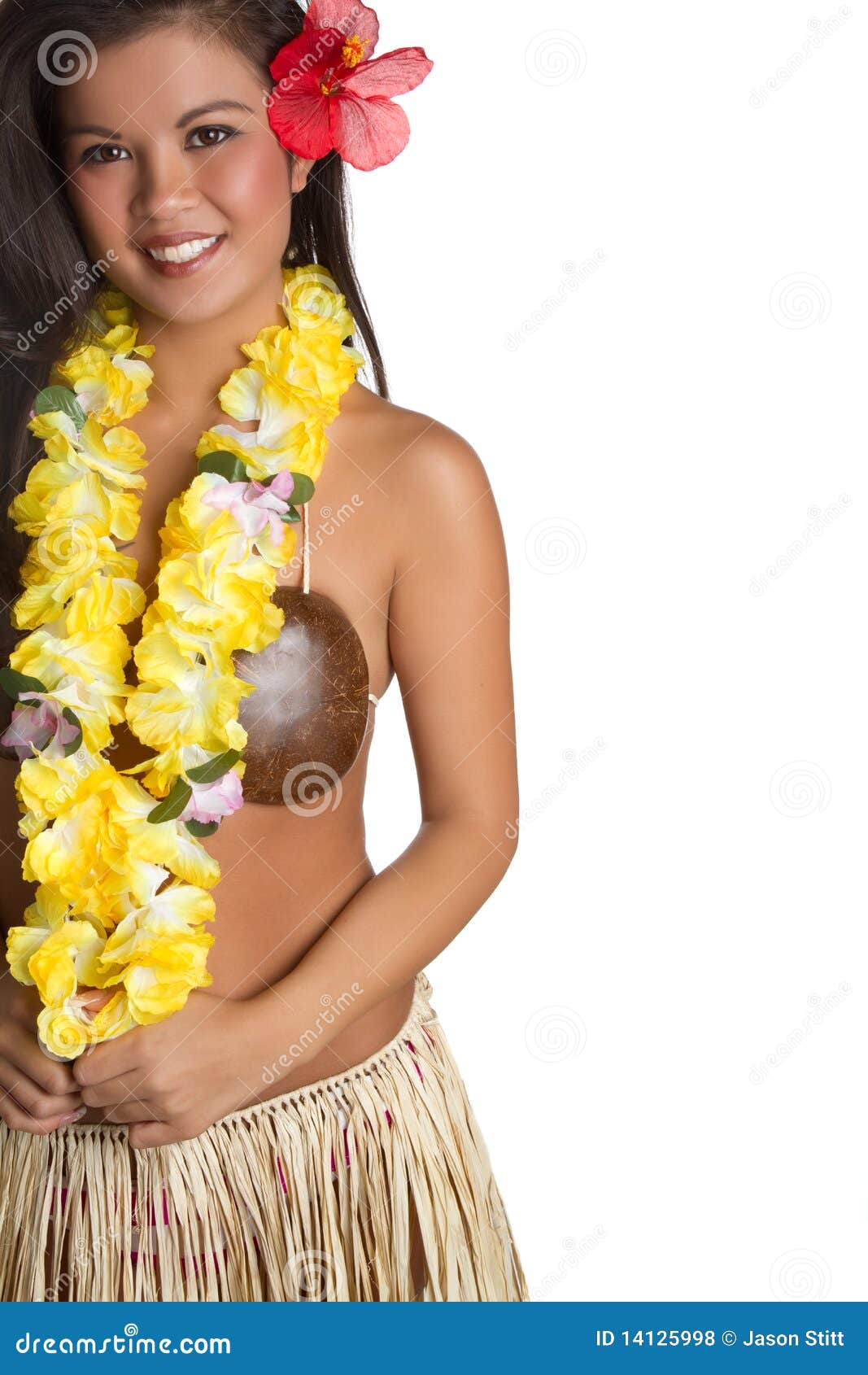 Female Hawaiian Hula dancer wearing coconut bikini, yellow lei