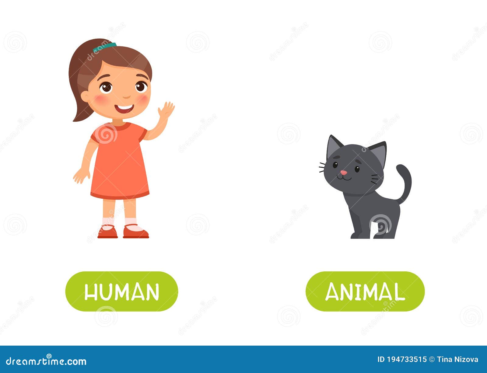 Human and Animal Antonyms Word Card Vector Template. Opposites Concept  Stock Vector - Illustration of english, foreign: 194733515
