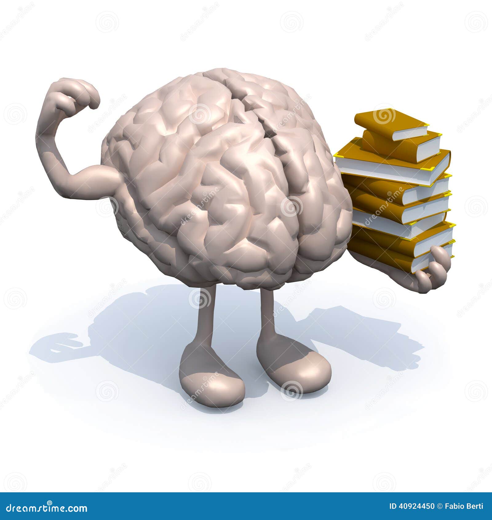 Human Brain With Arms, Legs And Many Books On Hand Stock Illustration