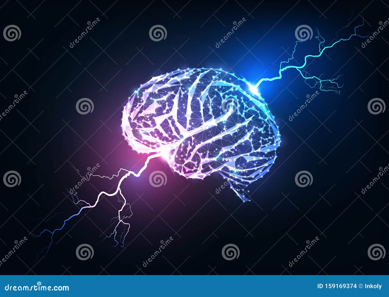 human brain impulse concept. futuristic glowing low polygonal brain and lightnings