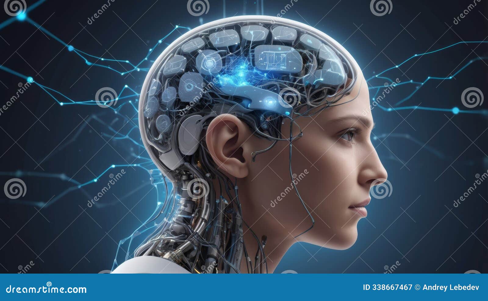 human brain connected to digital interfaces, glowing neon data streams