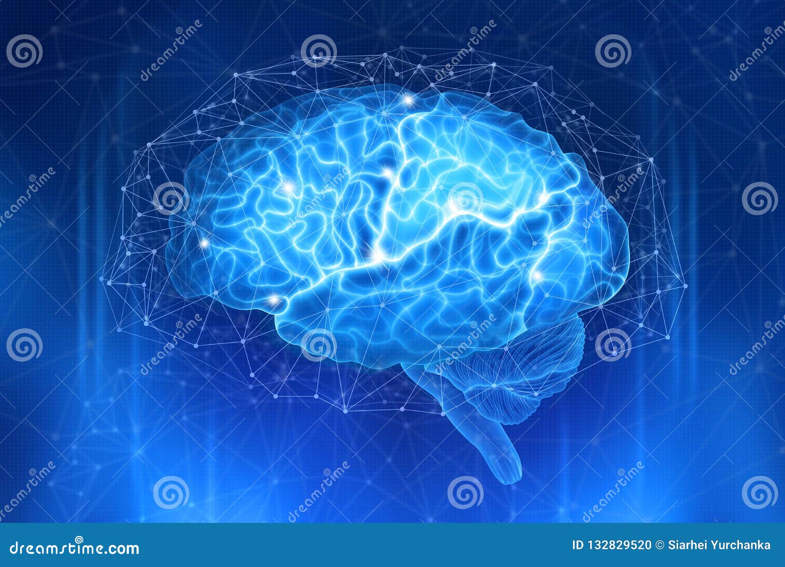 human brain is surrounded by a network of polygons on a dark blue background