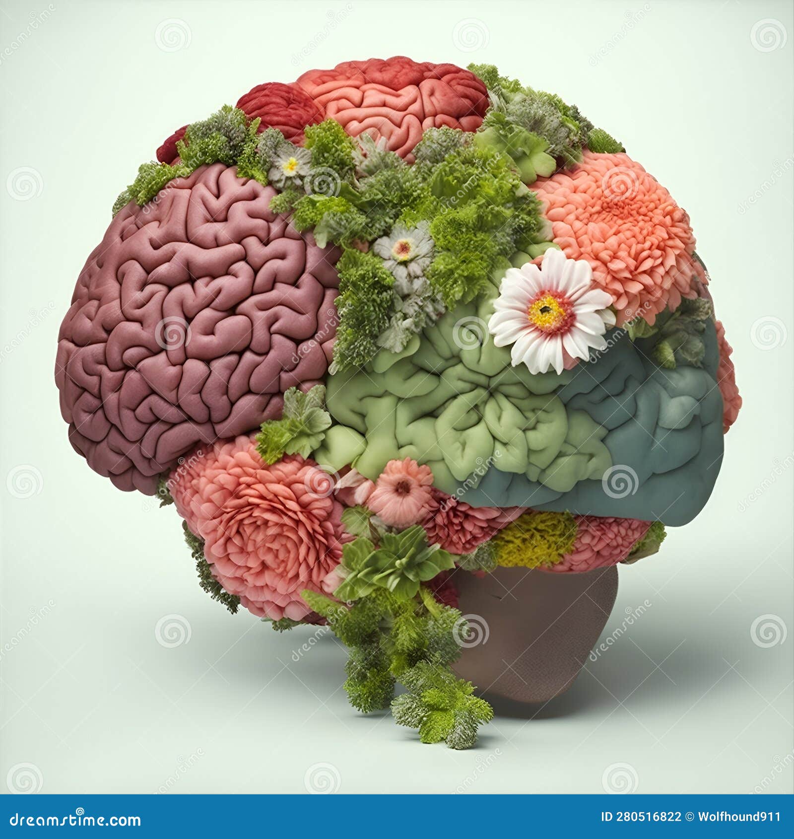 Human Brain from Which Flowers Grow. Generative AI. Stock Illustration
