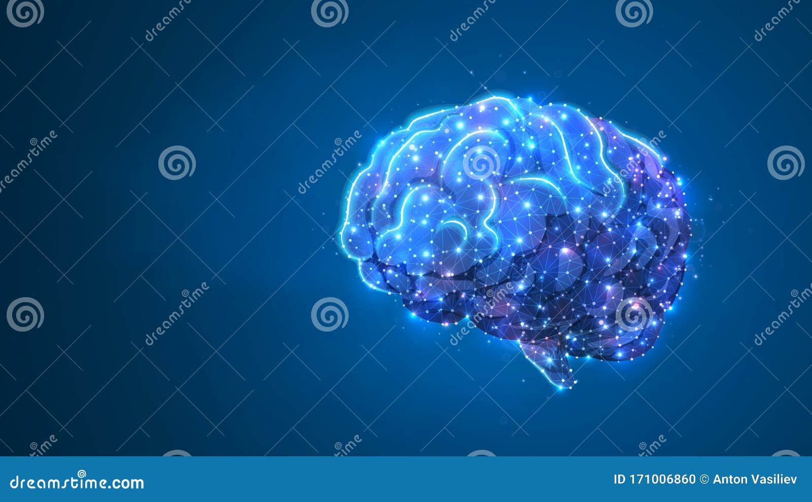 human brine. organ anatomy, neurology, healthy body concept. polygonal image on blue neon background. low poly, wireframe, digital