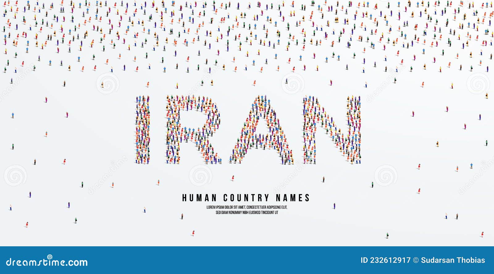 Human Country Name Iran. Large Group of People Form To Create Country