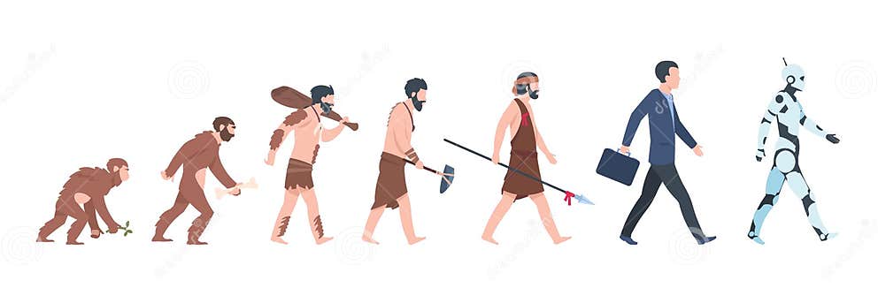 Human Evolution. Monkey To Businessman and Cyborg Cartoon Concept, from ...