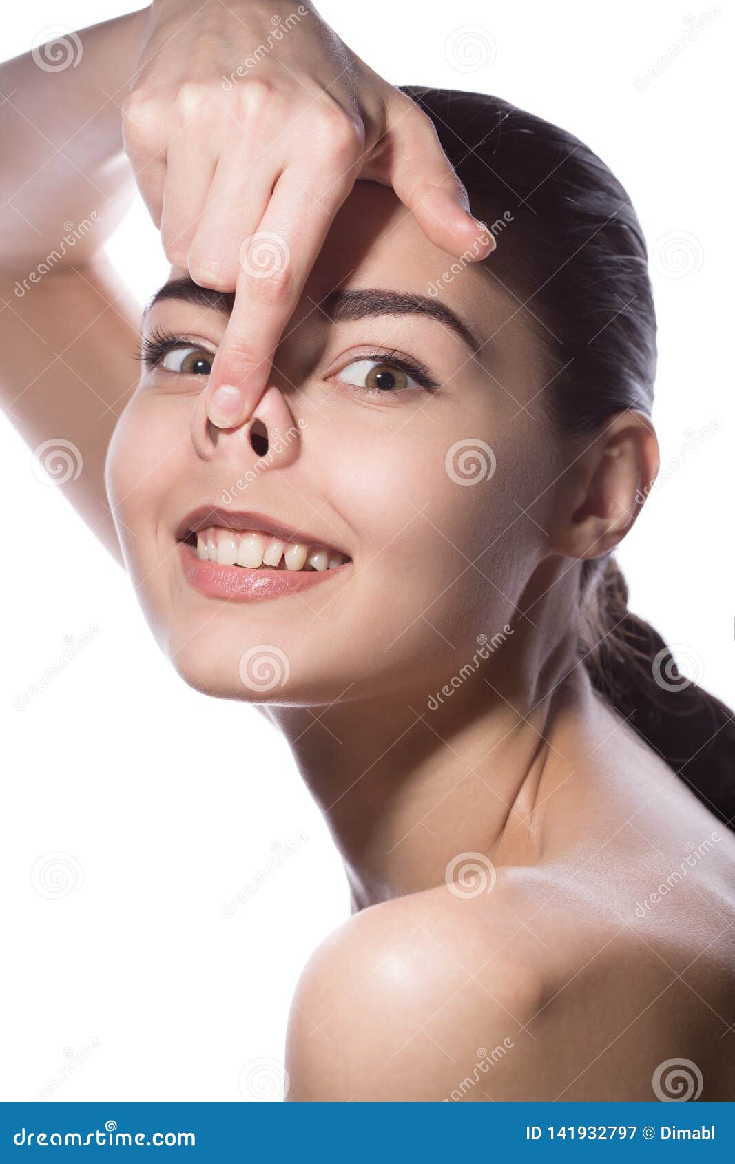 Young Woman Smiling Making Pig Funny Face Stock Image - Image of ...