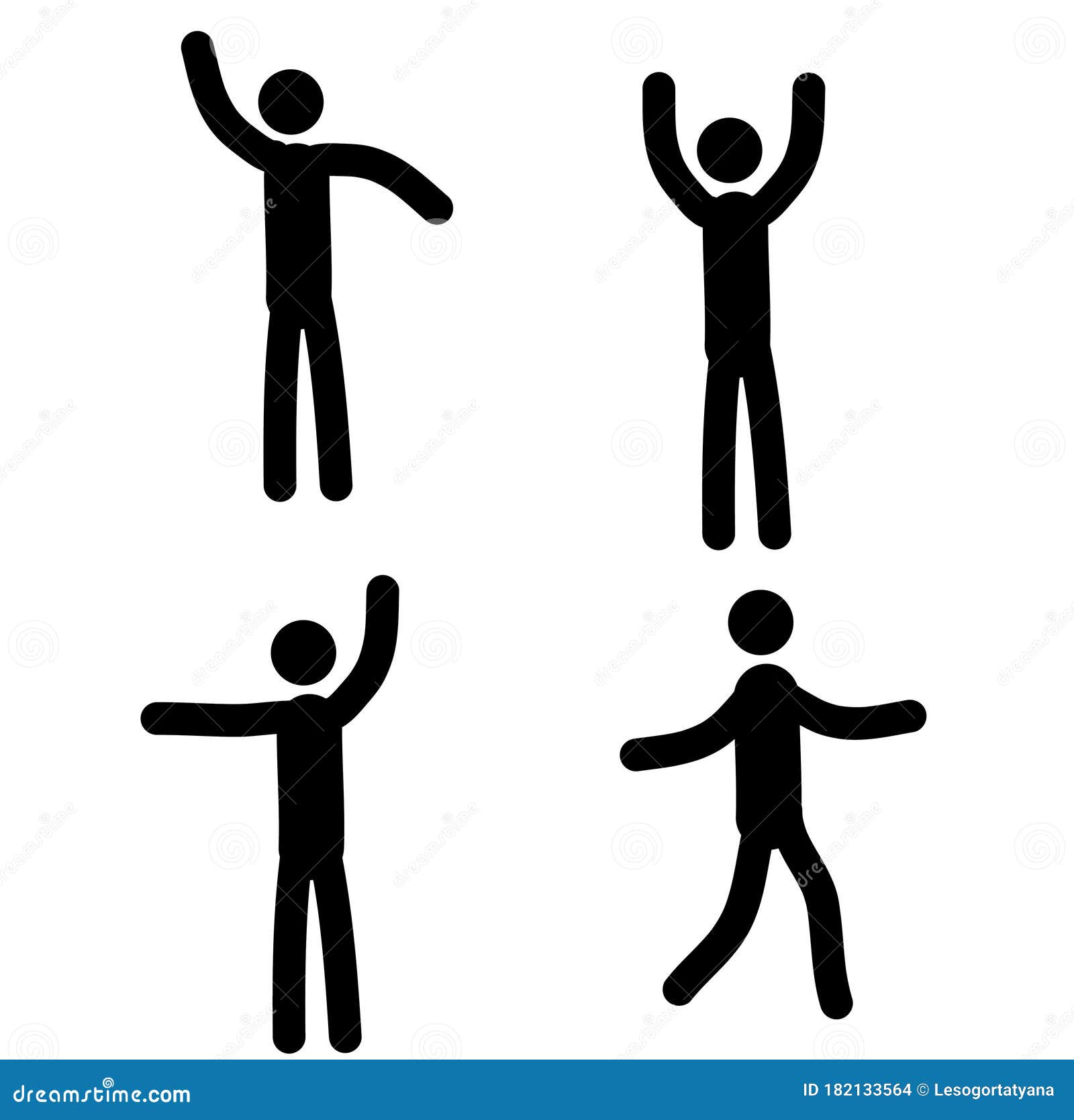 stickman icon, isolated pictogram stick figure man, various gestures with  hands, human symbol on white background Stock Vector