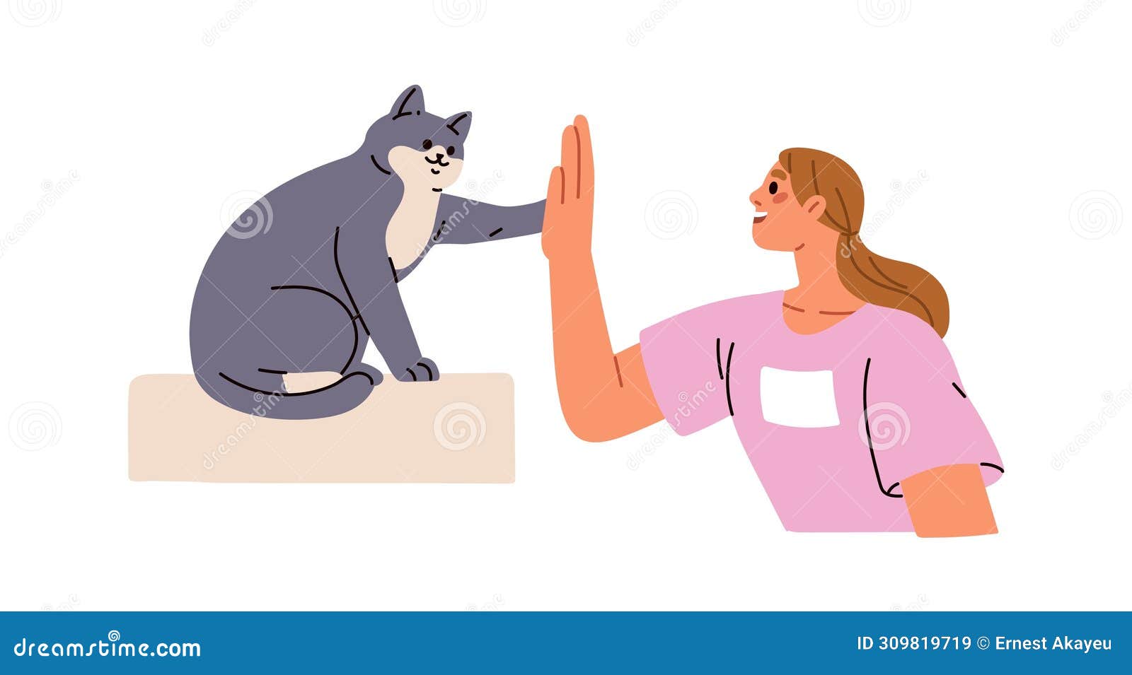 human giving high five to cute cat. smart feline animal greeting owner, clapping paw on hand, hi gesture. pet