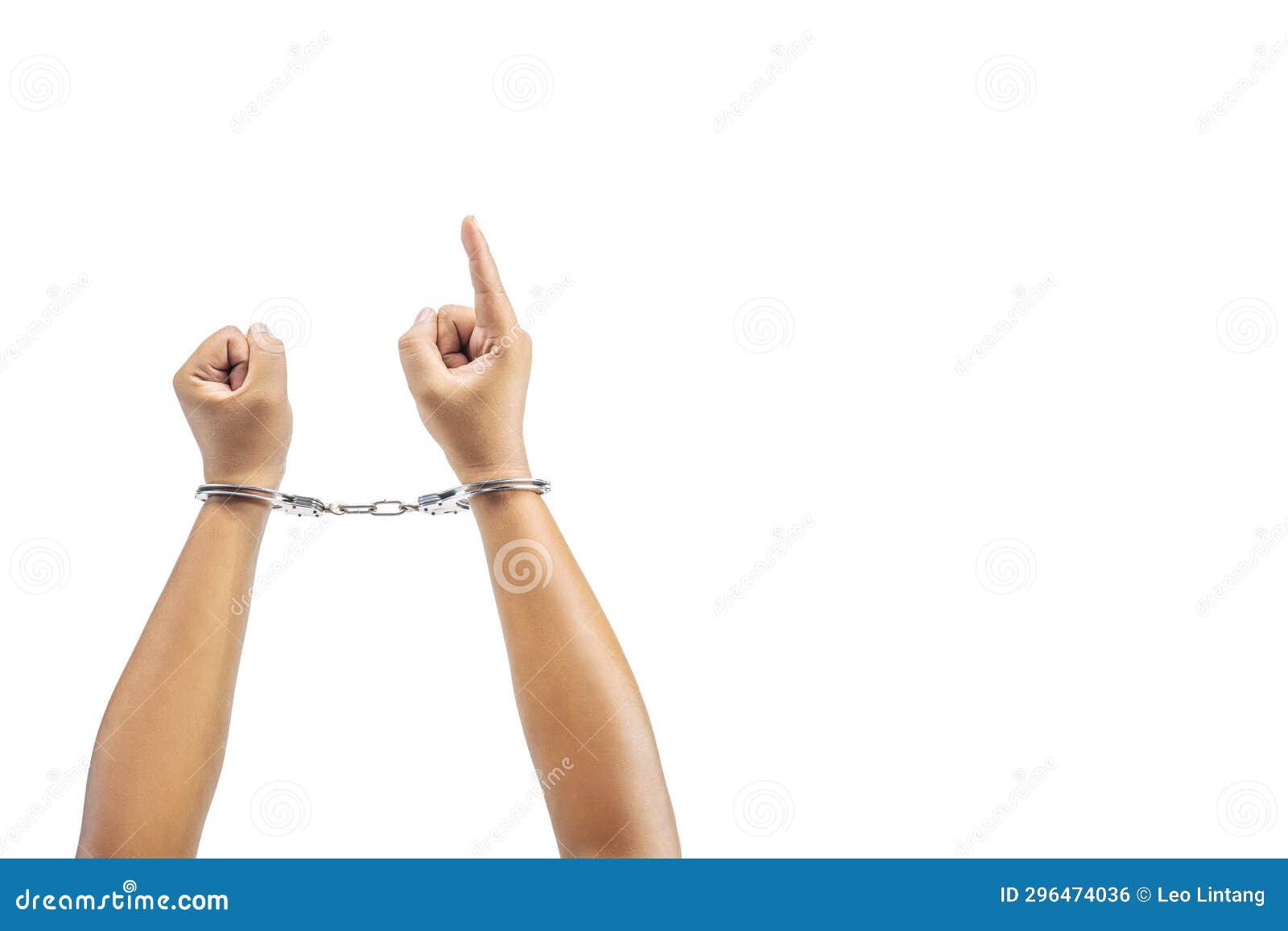 Human Hand in Handcuff with a Hand Gesture of Pointing Something Stock
