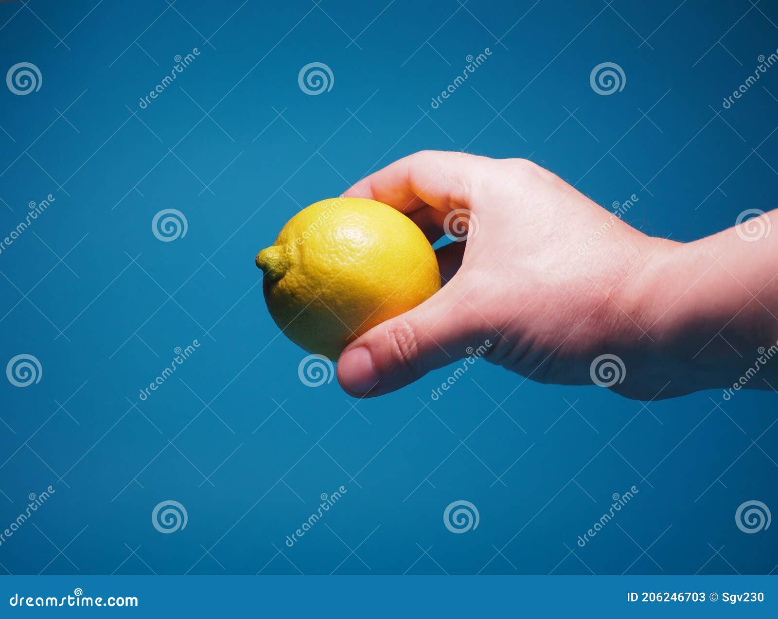 Human Hand Holding Yellow Lemon on a Blue Background. Stock Image ...