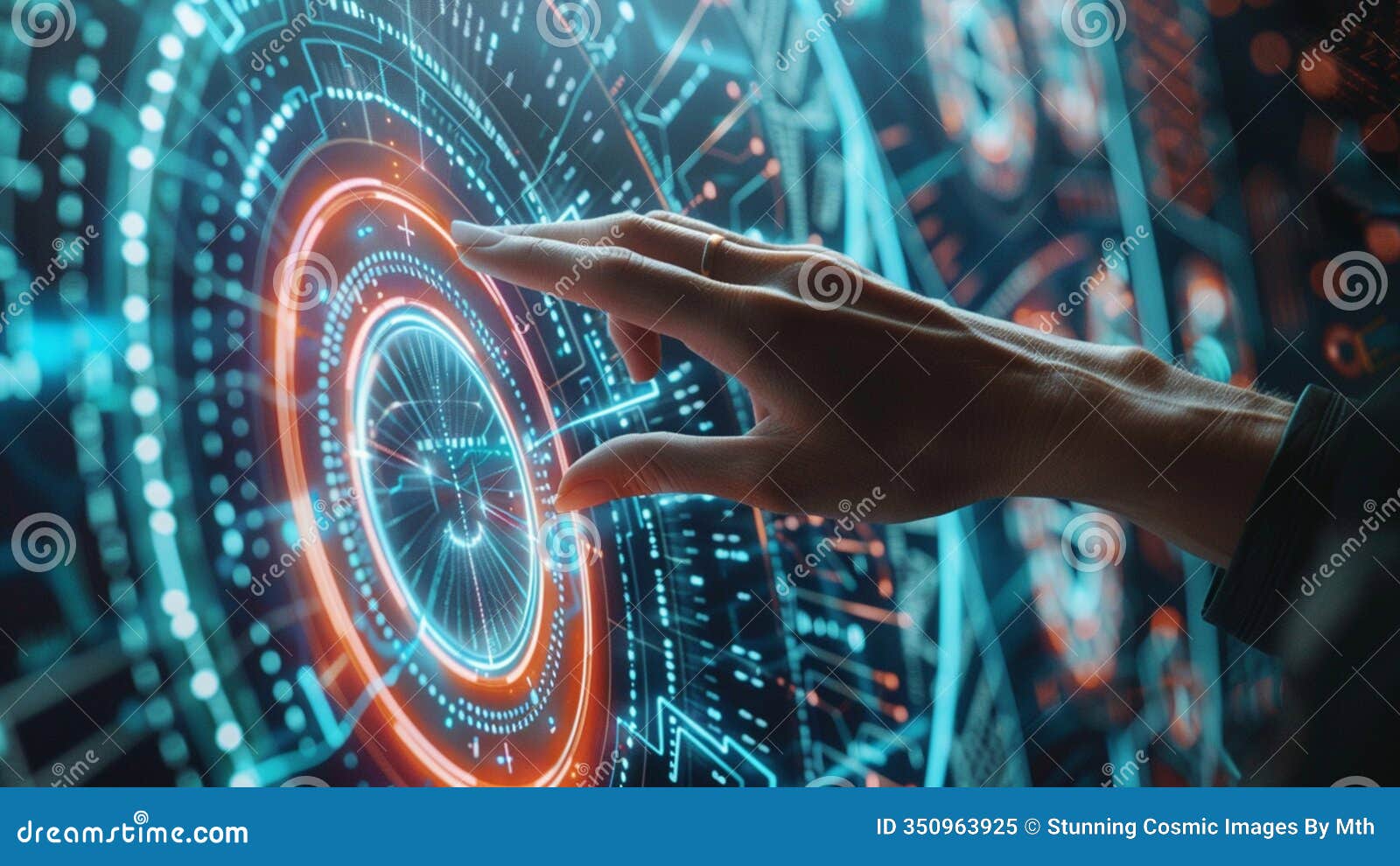 human hand interacting with a high technology advanced holographic computer screen with virtual digital internet data information