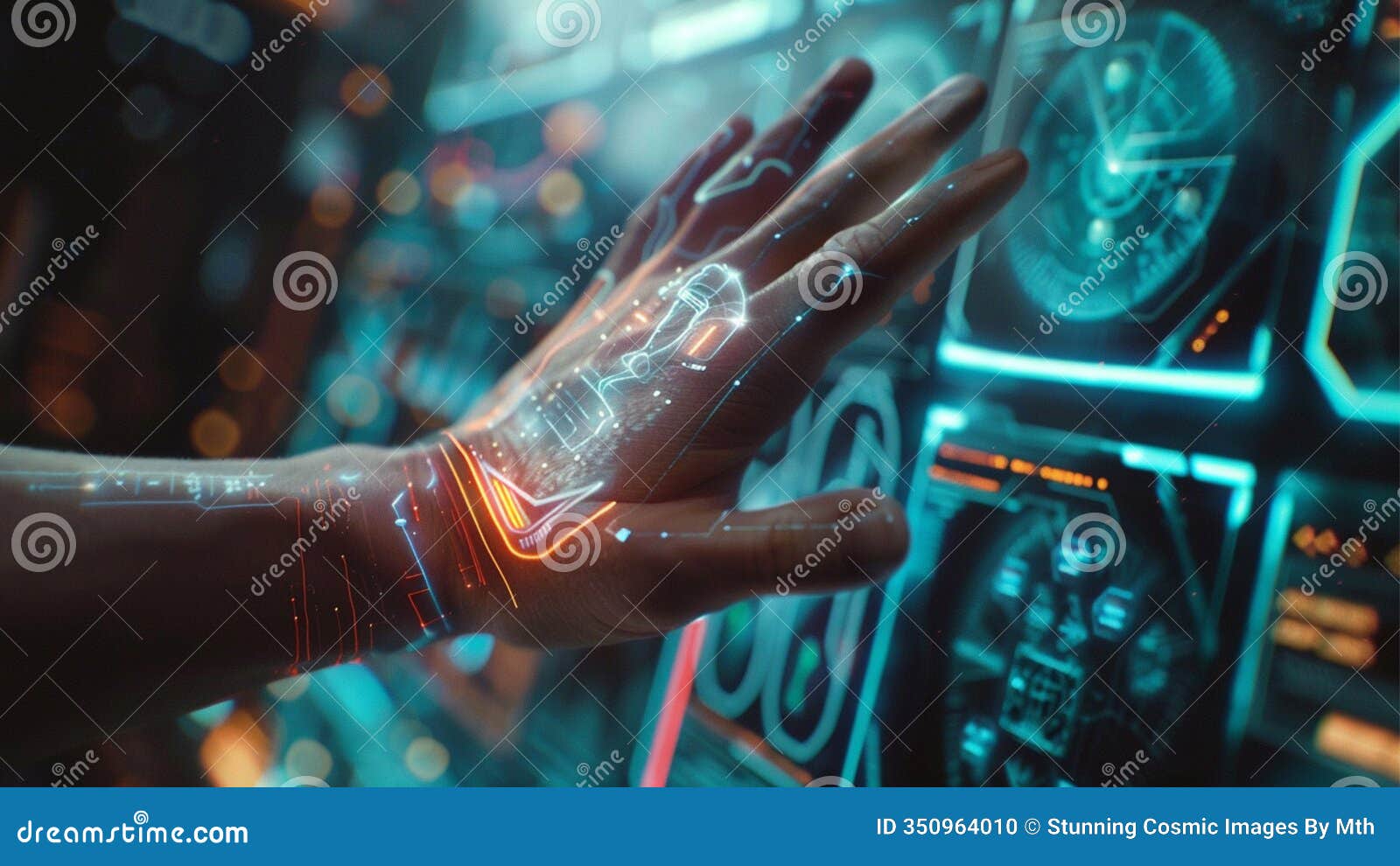 human hand interacting with a high technology advanced holographic computer screen with virtual digital internet data information