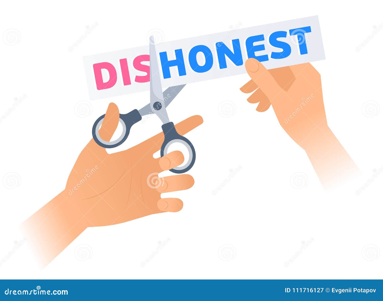 human hand with a scissors cuts a phrase dishonest