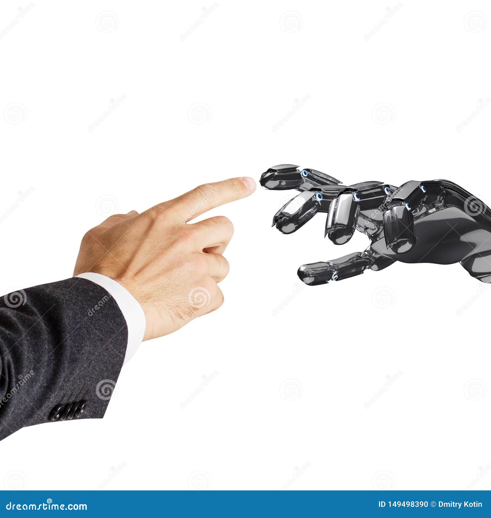 Human Hand Touching Robotic Hand 3d Rendering Stock Photo