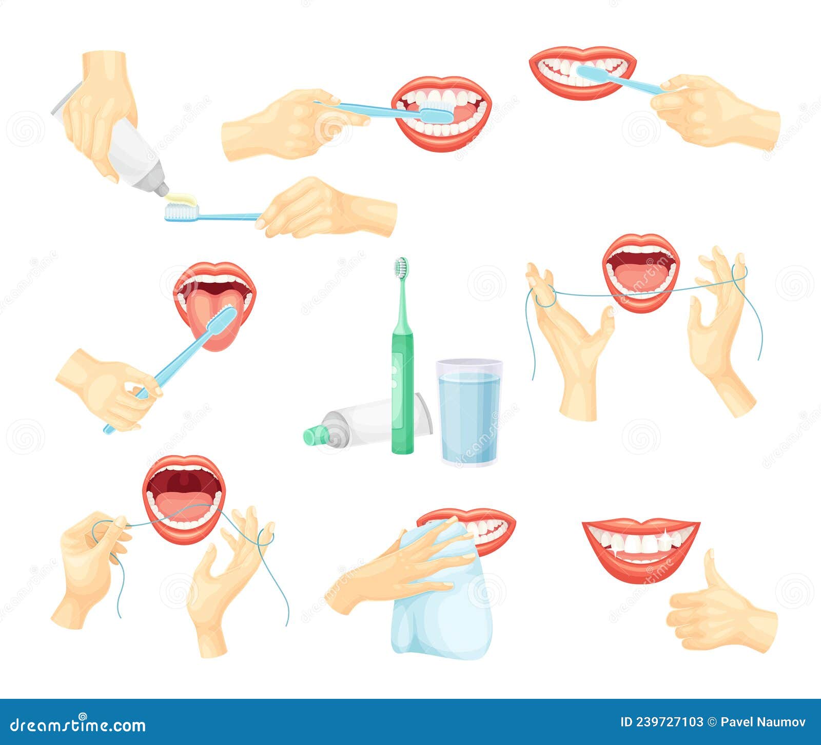 Human Hands Cleaning Teeth with Toothbrush, Toothpaste and Floss. Oral