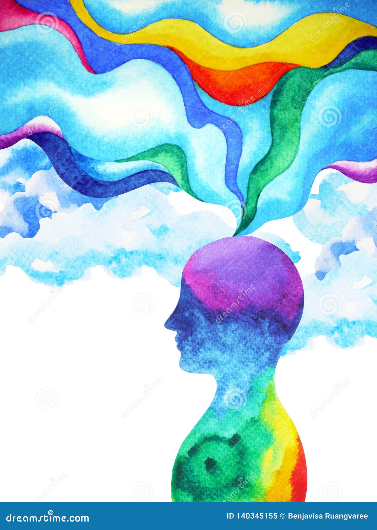 human head, chakra power, inspiration abstract thinking inside your mind, watercolor painting
