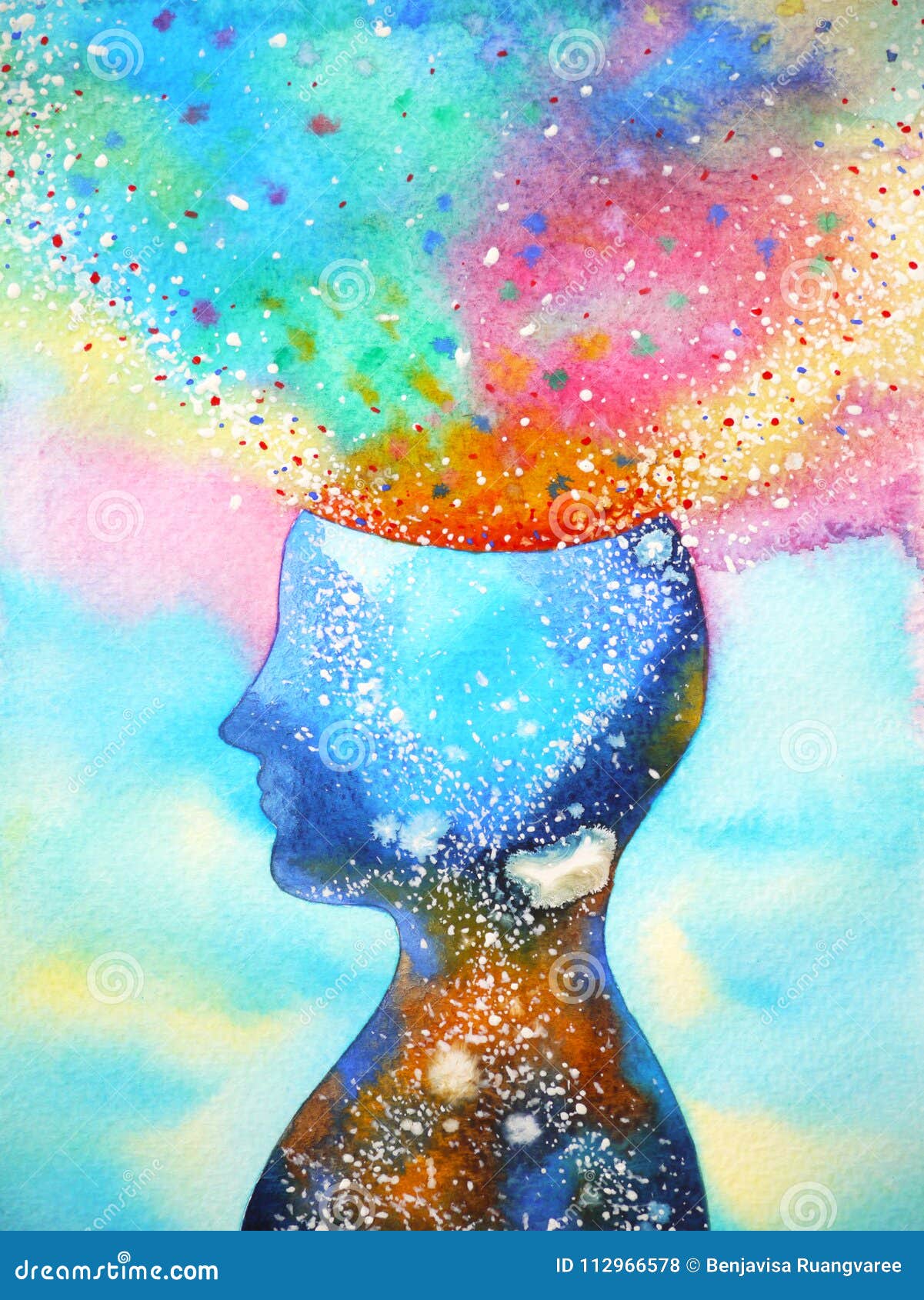 human head, chakra power, inspiration abstract thinking splash watercolor painting