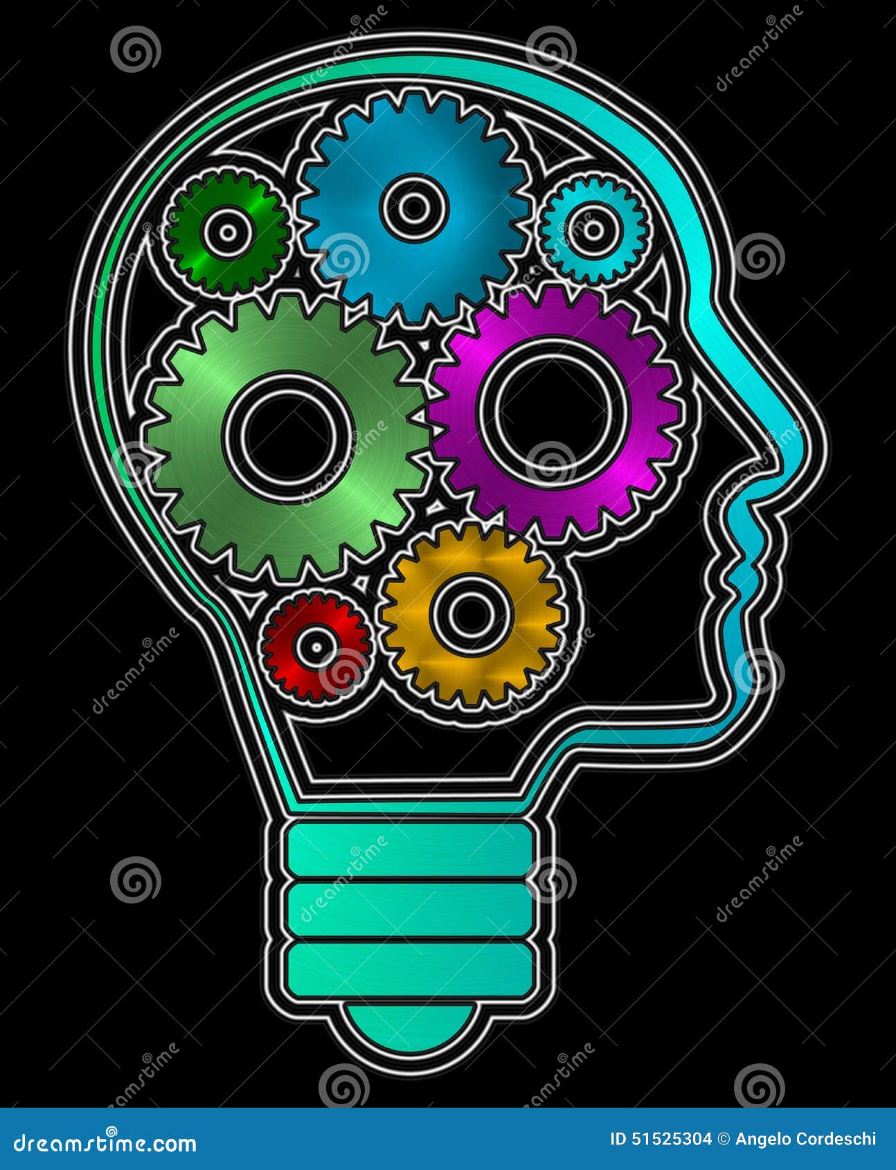 a human head profile d bulb with inside iron gears. png available
