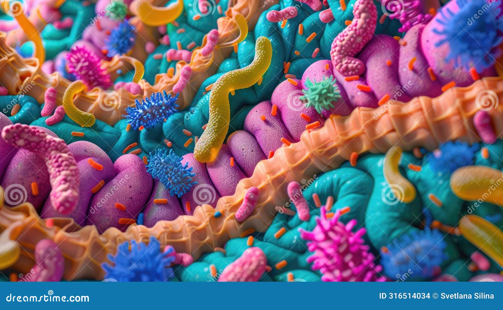 human intestine depiction with beneficial gut flora interacting with the lining