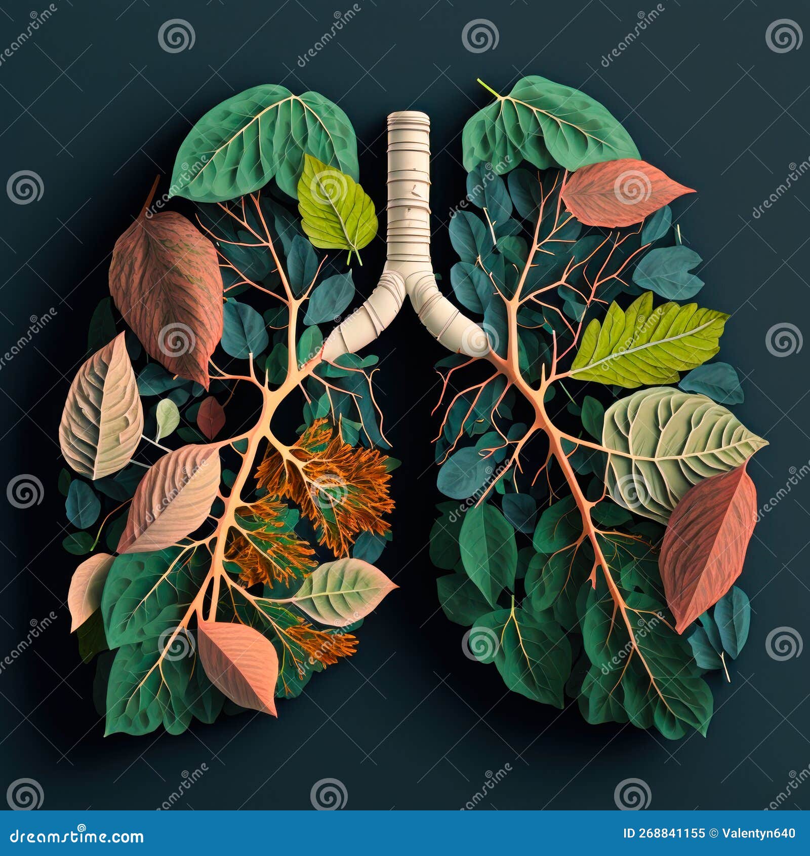 Human Lungs Consisting of Tree Branches Leaves and Flowers. Generative