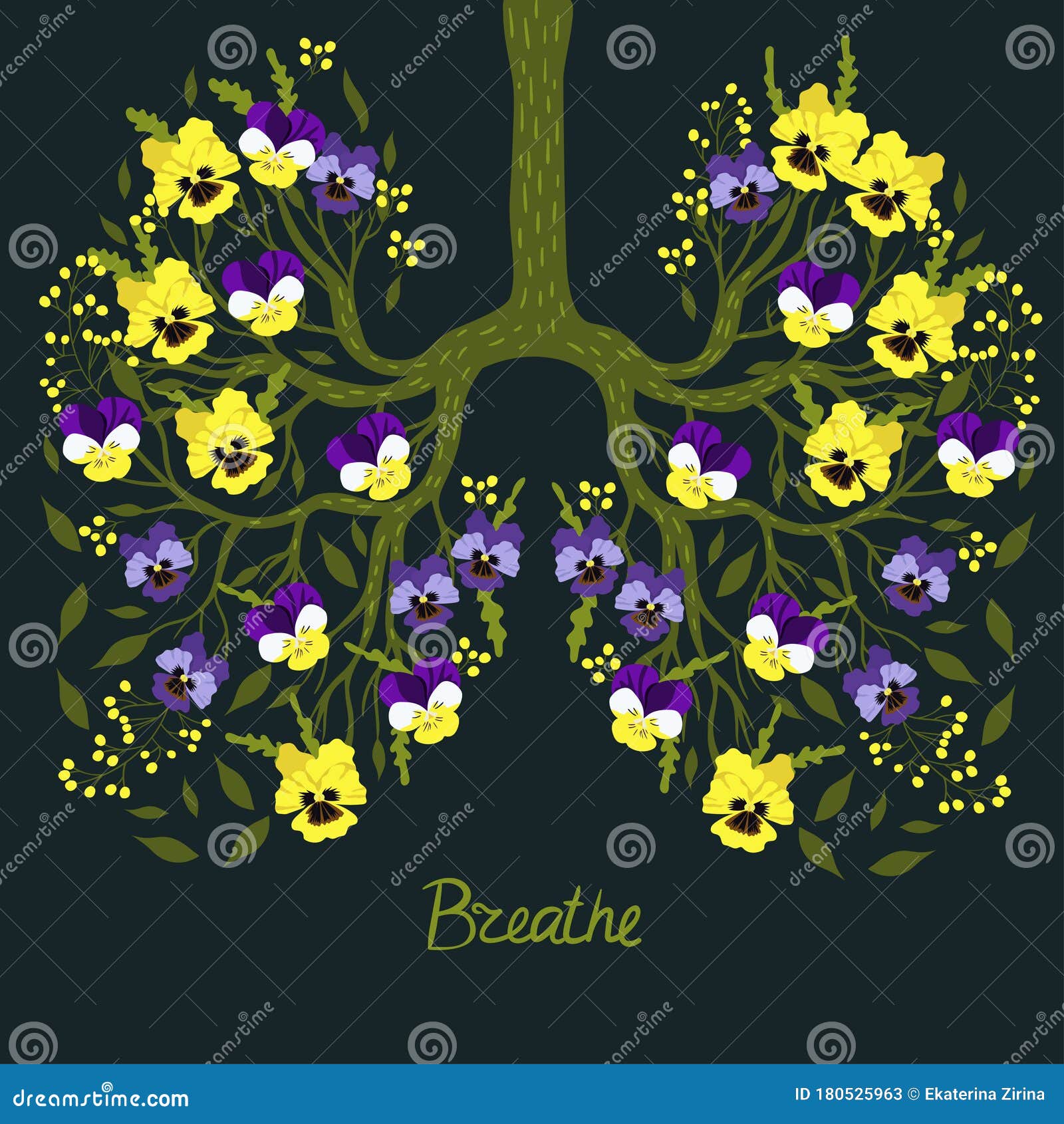 Human Lungs Made of Flowers and the Inscription Breathe. Vector