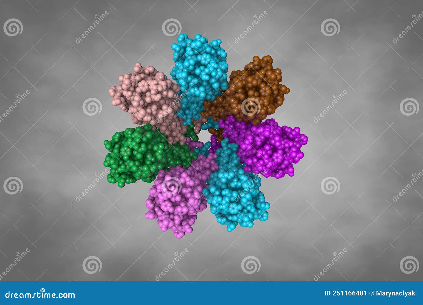 space-filling molecular model of human pannexin 1 on grey background. rendering with differently colored protein chains