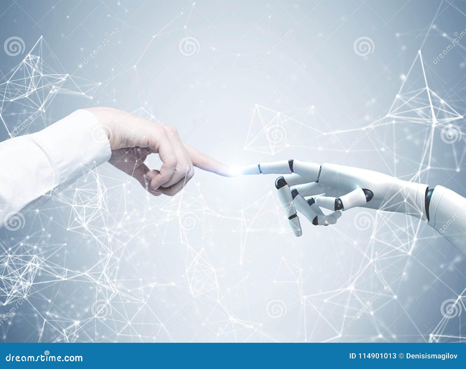 human and robot hands reaching out, network