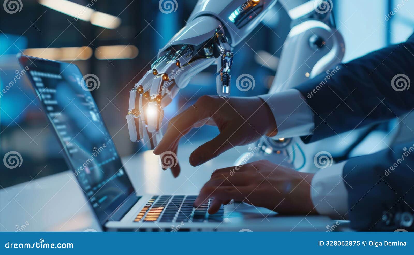 human and robotic hand working together on a laptop. collaboration between ai and humans