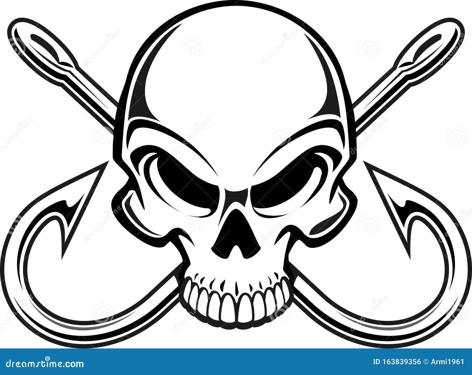 Human Skull with Crossing Fish Hooks Stock Vector Illustration of