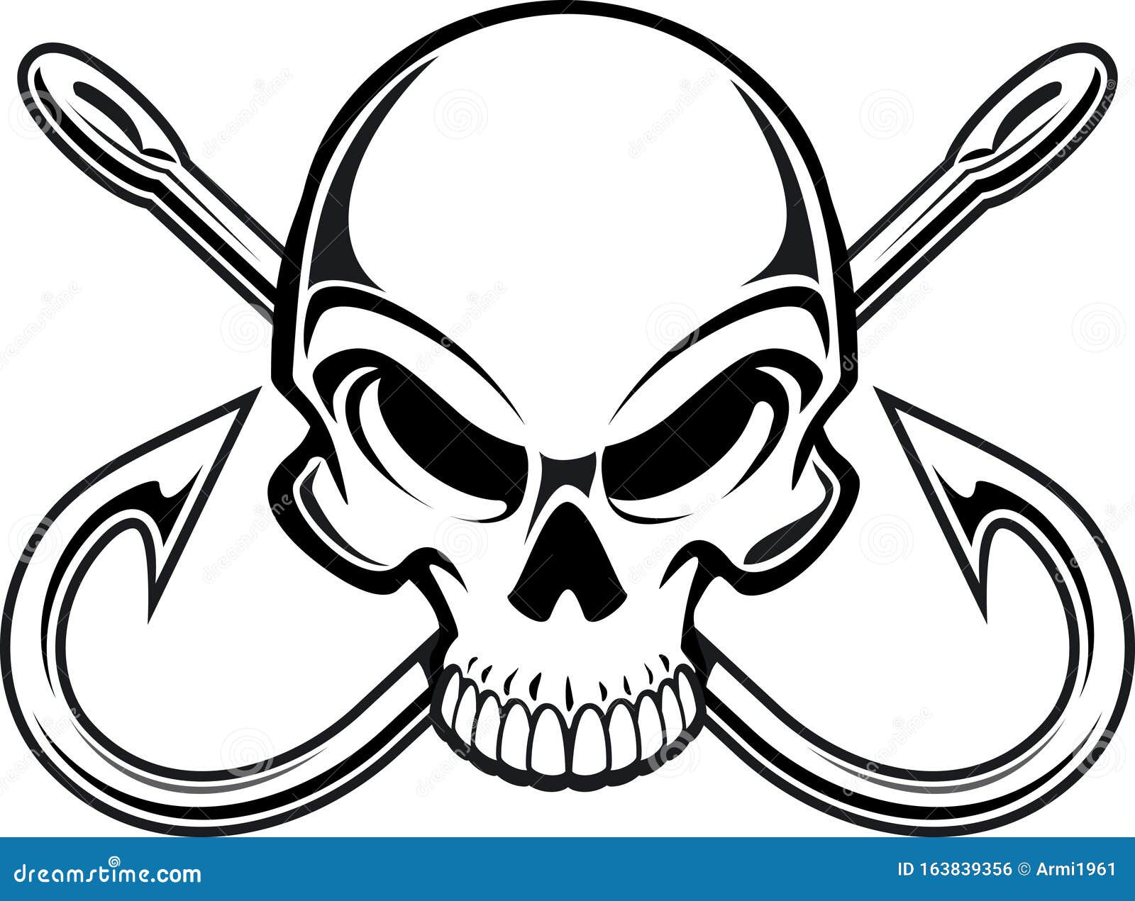 Human Skull with Crossing Fish Hooks Stock Vector - Illustration of gothic,  decal: 163839356