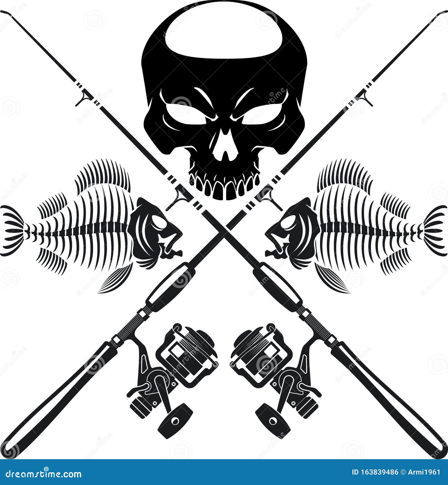 Human Skull, Crossing Fishing Rods and Skeleton Fish Stock Vector -  Illustration of ghost, grim: 163839486