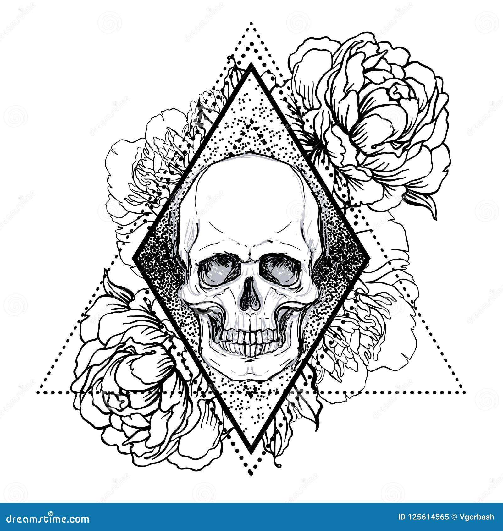 Human Skull With Peony Rose And Poppy Flowers Over Sacred